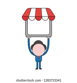 Vector illustration concept of businessman character holding up shop store. Color and black outlines.