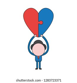 Vector illustration concept of businessman character holding up two connected heart puzzle pieces. Color and black outlines.