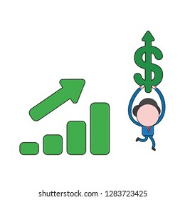 Vector illustration concept of businessman character with sales bar graph and carrying dollar arrow up. Color and black outlines.