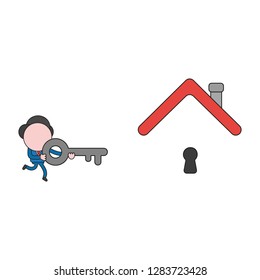 Vector illustration concept of businessman character carrying key to keyhole under house roof. Color and black outlines.
