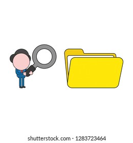 Vector illustration concept of businessman character holding magnifying glass to opened file folder. Color and black outlines.