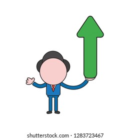 Vector illustration concept of businessman character holding arrow moving up. Color and black outlines.