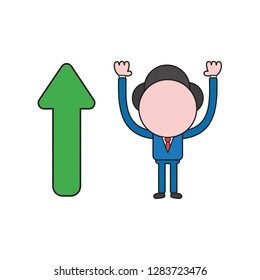 Vector illustration concept of businessman character with arrow moving up. Color and black outlines.