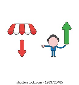 Vector illustration concept of businessman character holding arrow up and pointing arrow down under store awning. Color and black outlines.
