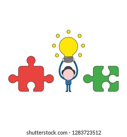 Vector illustration concept of businessman character between incompatible puzzle pieces and holding up glowing light bulb. Color and black outlines.