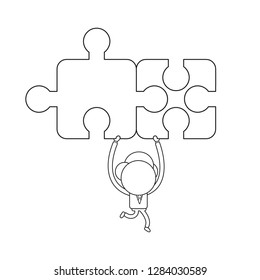 Vector illustration concept of businessman character running and carrying two connected puzzle pieces. Black outline.