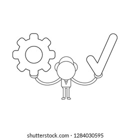 Vector illustration concept of businessman character holding gear and check mark. Black outline.