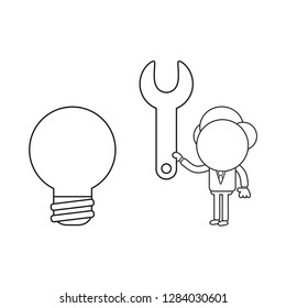 Vector illustration concept of businessman character holding spanner to light bulb. Black outline.