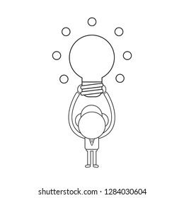 Vector illustration concept of businessman character holding up glowing light bulb. Black outline.