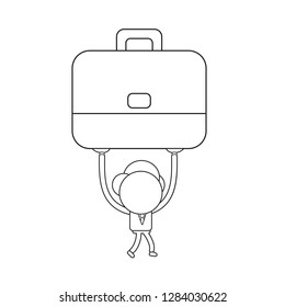 Vector illustration concept of businessman character walking and holding up briefcase. Black outline.