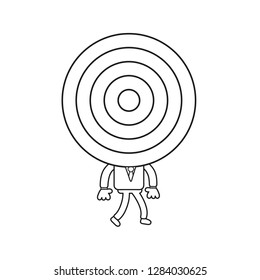 Vector illustration concept of businessman character with bulls eye head and walking. Black outline.