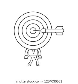 Vector illustration concept of businessman character with bulls eye head, dart in the center and walking. Black outline.