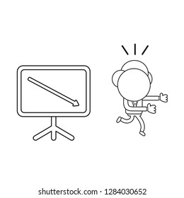Vector illustration concept of businessman character running away from sales chart arrow moving down. Black outline.