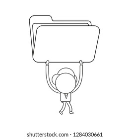 Vector illustration concept of businessman character walking and holding up opened file folder. Black outline.