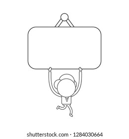 Vector illustration concept of businessman character running and carrying hanging sign. Black outline.