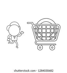 Vector illustration concept of businessman character running to dollar coin inside shopping cart. Black outline.