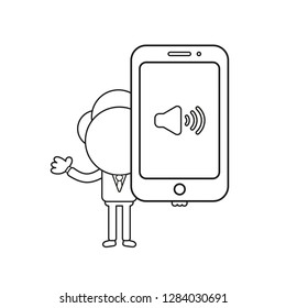 Vector illustration concept of businessman character holding smartphone with sound on symbol. Black outline.