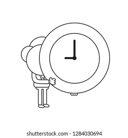 Vector illustration concept of businessman character holding clock. Black outline.