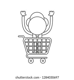 Vector illustration concept of businessman character standing inside shopping cart. Black outline.