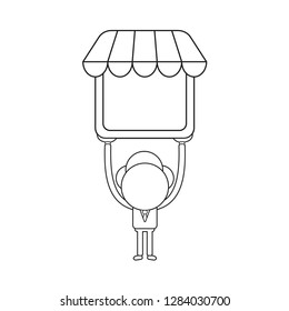 Vector illustration concept of businessman character holding up shop store. Black outline.
