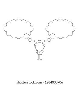 Vector illustration concept of businessman character with two thought bubbles. Black outline.