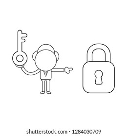 Vector illustration concept of businessman character holding key and pointing closed padlock. Black outline.