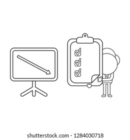 Vector illustration concept of businessman character with sales chart arrow moving down and holding clipboard and check marks. Black outline.