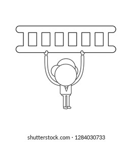Vector illustration concept of businessman character holding up ladder. Black outline.