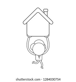 Vector illustration concept of businessman character running and carrying house. Black outline.
