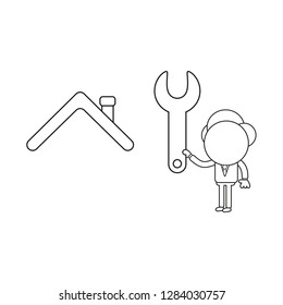Vector illustration concept of businessman character holding spanner to house roof. Black outline.