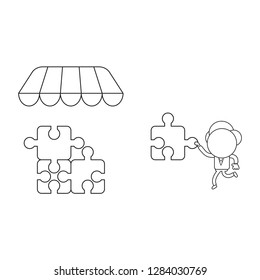 Vector illustration concept of businessman character carrying missin puzzle piece to three connected puzzle pieces under store roof. Black outline.