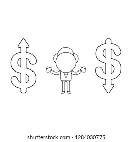 Vector illustration concept of businessman character between dollar symbols and arrows up, down. Black outline.