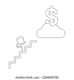Vector illustration concept of businessman character running on stairs and reach dollar symbol on cloud. Black outline.