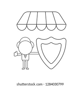Vector illustration concept of businessman character holding guard shield under store awning and showing thumbs-up. Black outline.