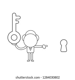 Vector illustration concept of businessman character holding key and pointing keyhole. Black outline.