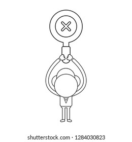 Vector illustration concept of businessman character holding up magnifying glass with x mark. Black outline.