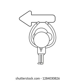 Vector illustration concept of businessman character holding up arrow pointing left. Black outline.