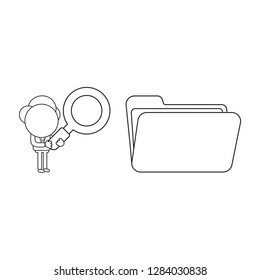 Vector illustration concept of businessman character holding magnifying glass to opened file folder. Black outline.