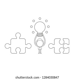 Vector illustration concept of businessman character between incompatible puzzle pieces and holding up glowing light bulb. Black outline.