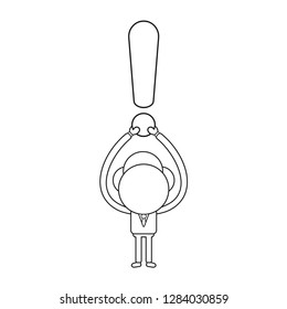 Vector illustration concept of businessman character holding up exclamation mark. Black outline.