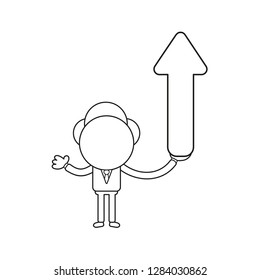 Vector illustration concept of businessman character holding arrow moving up. Black outline.
