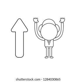 Vector illustration concept of businessman character with arrow moving up. Black outline.