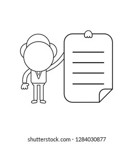 Vector illustration concept of businessman character holding written paper. Black outline.