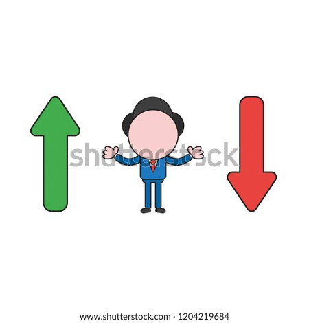 Vector illustration concept of businessman character between arrows moving up and down. Color and black outlines.