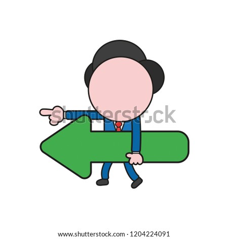 Vector illustration concept of businessman character walking and holding arrow and pointing left. Color and black outlines.