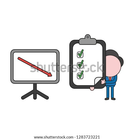 Vector illustration concept of businessman character with sales chart arrow moving down and holding clipboard and check marks. Color and black outlines.