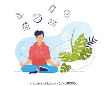 Vector illustration concept of businessman practicing meditation in office. The man sits in the lotus position, the thought process, the inception, and the search for ideas. Practicing Yoga at work.