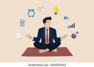 Concepto de Ilustración vectorial del hombre de negocios practicando meditación en la oficina, concepto de meditación, hombre sentado en posición de loto, proceso de pensamiento, puesta en marcha y búsqueda de ideas de negocios para el éxito.