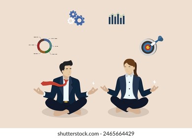 Concepto de Ilustración vectorial del hombre de negocios practicando meditación en la oficina, concepto de meditación, hombre sentado en posición de loto, proceso de pensamiento, puesta en marcha y búsqueda de ideas de negocios para el éxito.