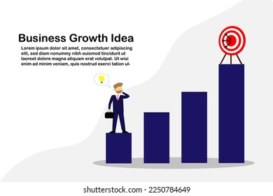 Vector illustration concept businessman thinking idea standing on growth bar with target goal,Business strategy graph